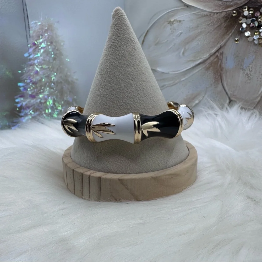 Black, Gold & White Design Thick Enamel Bangle Bracelet